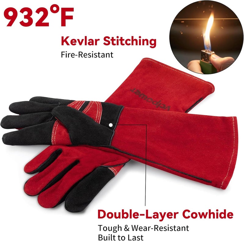 vclpower Fireplace Welding Gloves Fire Heat Resistant16IN 932°F Fireproof Leather for Fire Pit Wood Stove Campfire Furnace BBQ Baking,Grill Oven Stick Mig Tig Gear Birthday Christmas Gift for Man L - Image 4